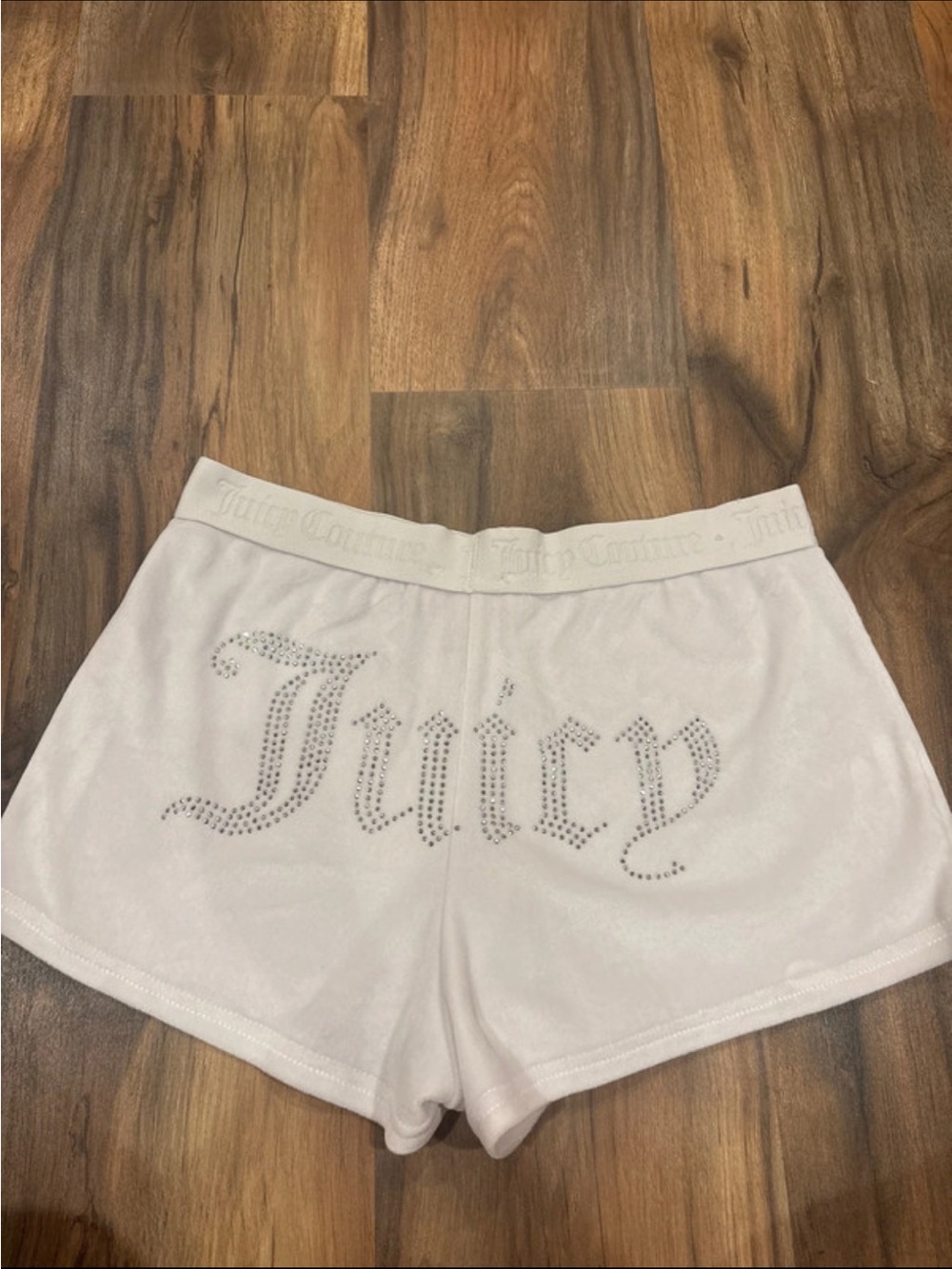 Juicy Couture White Rhinestone 'Juicy' Logo Athletic Shorts